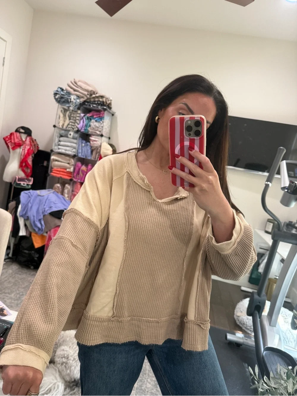 POL | Waffle Patchwork V Neck Pullover- Oatmeal, Oversized Boho Fit